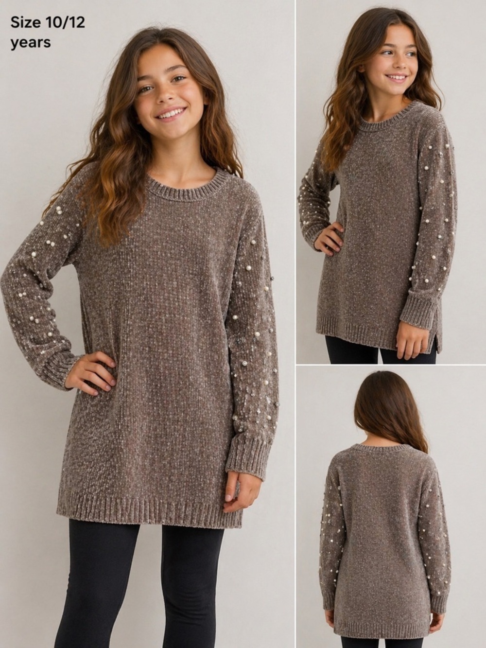 Say What Girls Sweater Dress Taupe Chenille Pearl Embellished 
Size 10/12